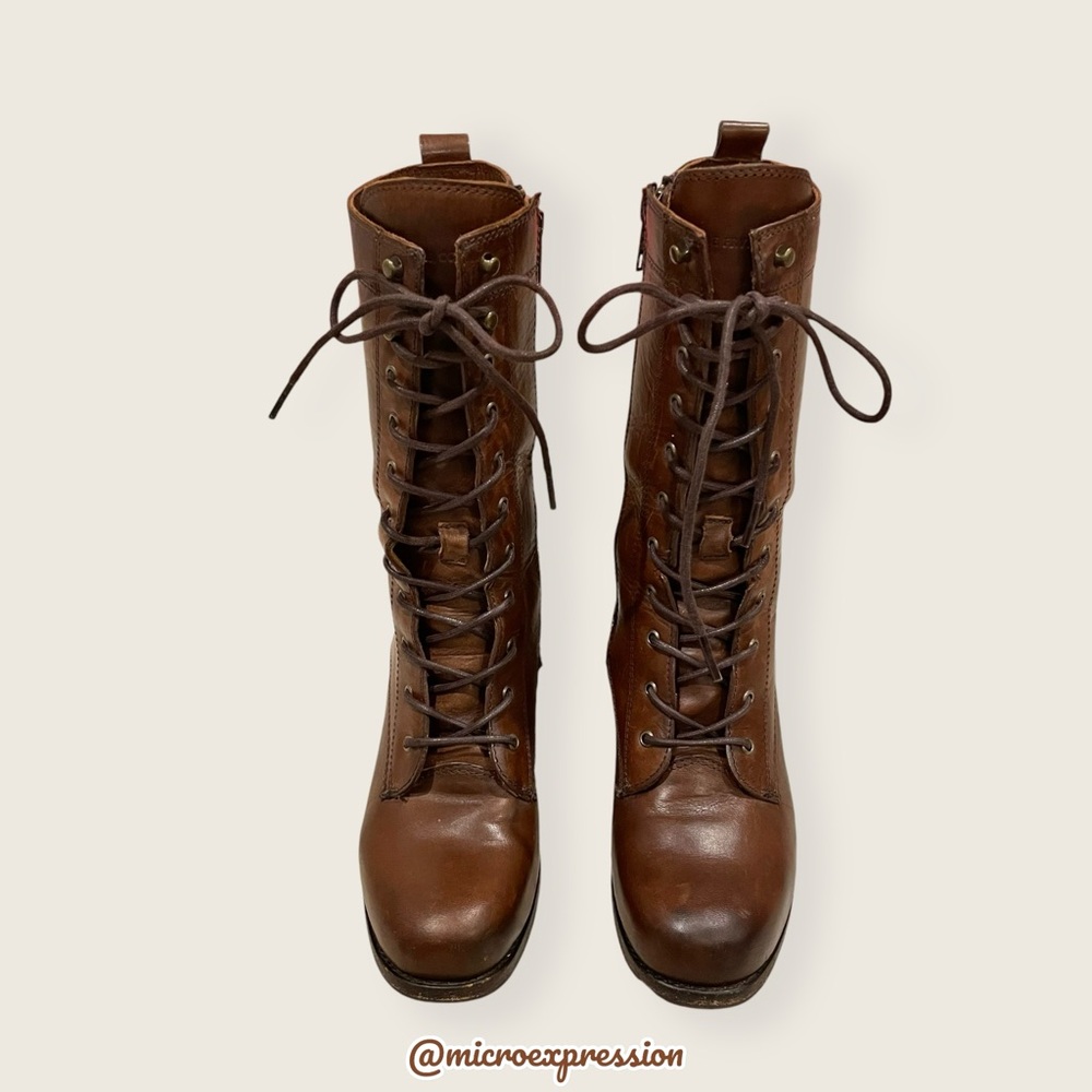 $429 Frye Kendall Lace Up Brown Genuine Leather Mid-Calf Heeled ZipUp Ankle Boot - Picture 10 of 16